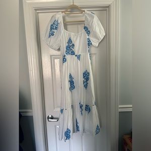 J. Crew White Maxi Dress with Blue Floral Pattern